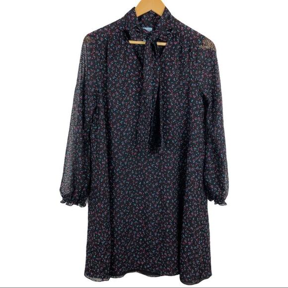 CeCe Long Sleeve Black Dress Wisttful Blooms Size 4 Retro Ditzy-floral Tie Neck - Picture 2 of 16